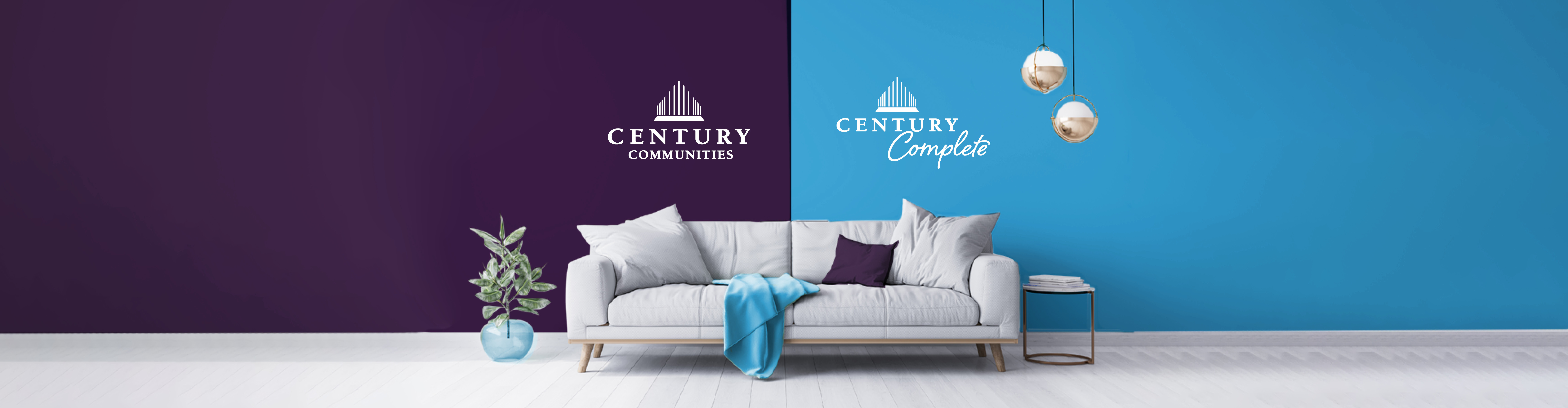 Couch and blanket with a branded Century Communities background