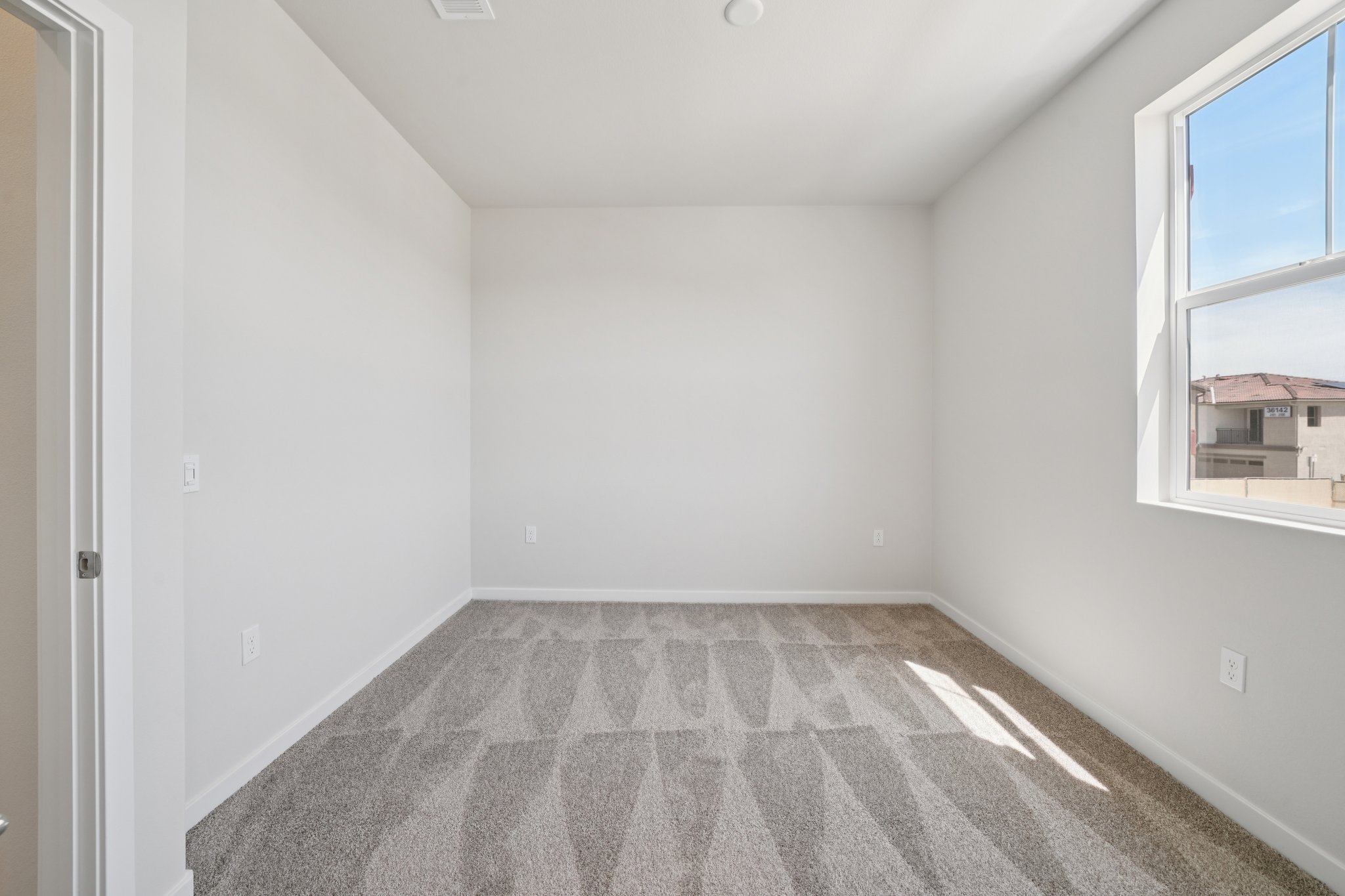 A room with a carpet and windows.