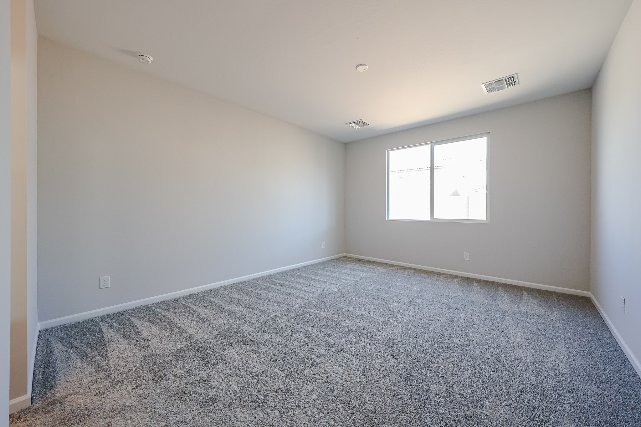 A room with a carpet and windows.