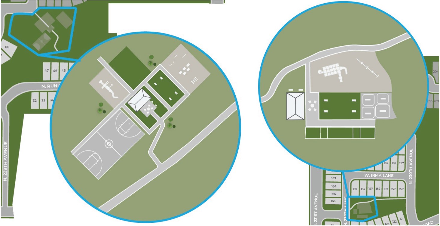 Map view of community amenities with fire pits, corn hole lawns, play structures, shaded ramadas, tire swing, outdoor grills and dining, dog relief areas, basketball court and racquetball court.