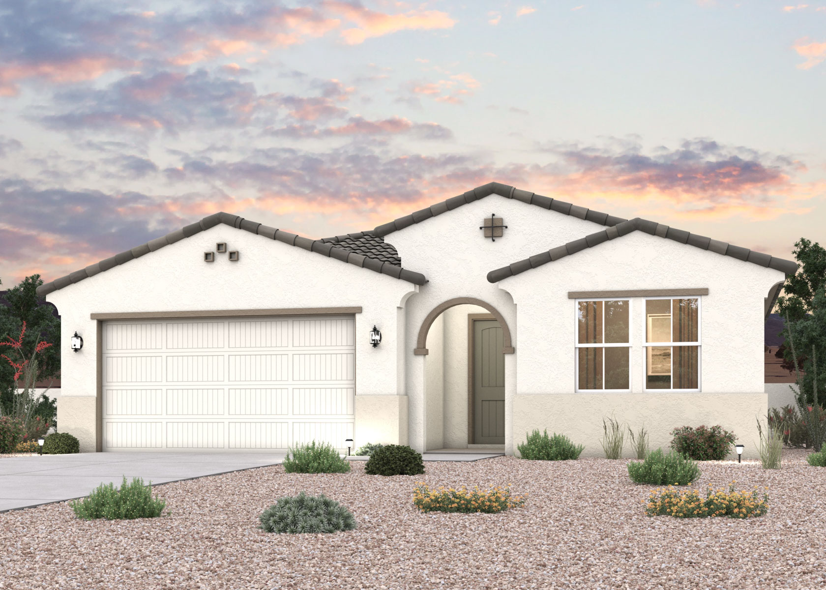 A house with a garage and a gravel driveway.