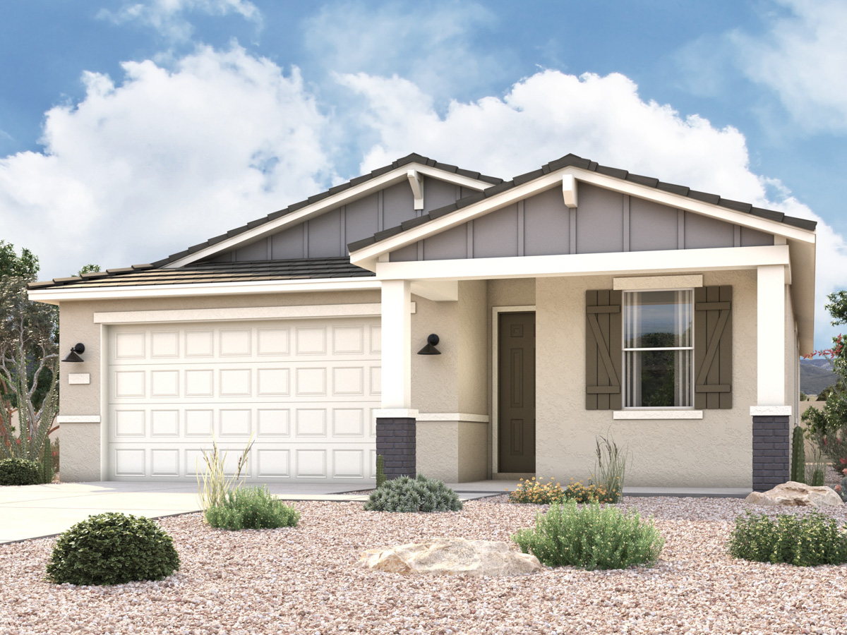 Rendering of front of new home for sale in San Tan, AZ with 2 car garage in the beautiful Skyline Village community with pool.