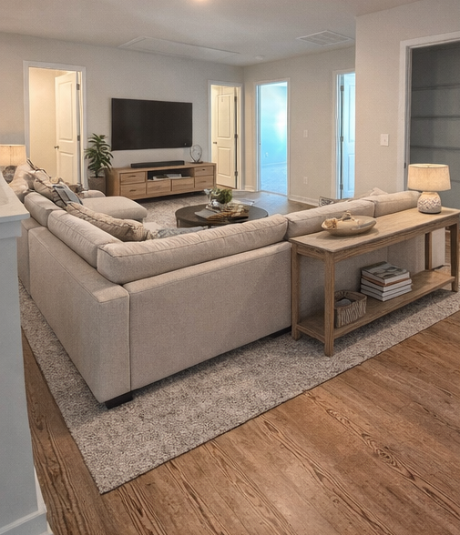 A living room with a large television.