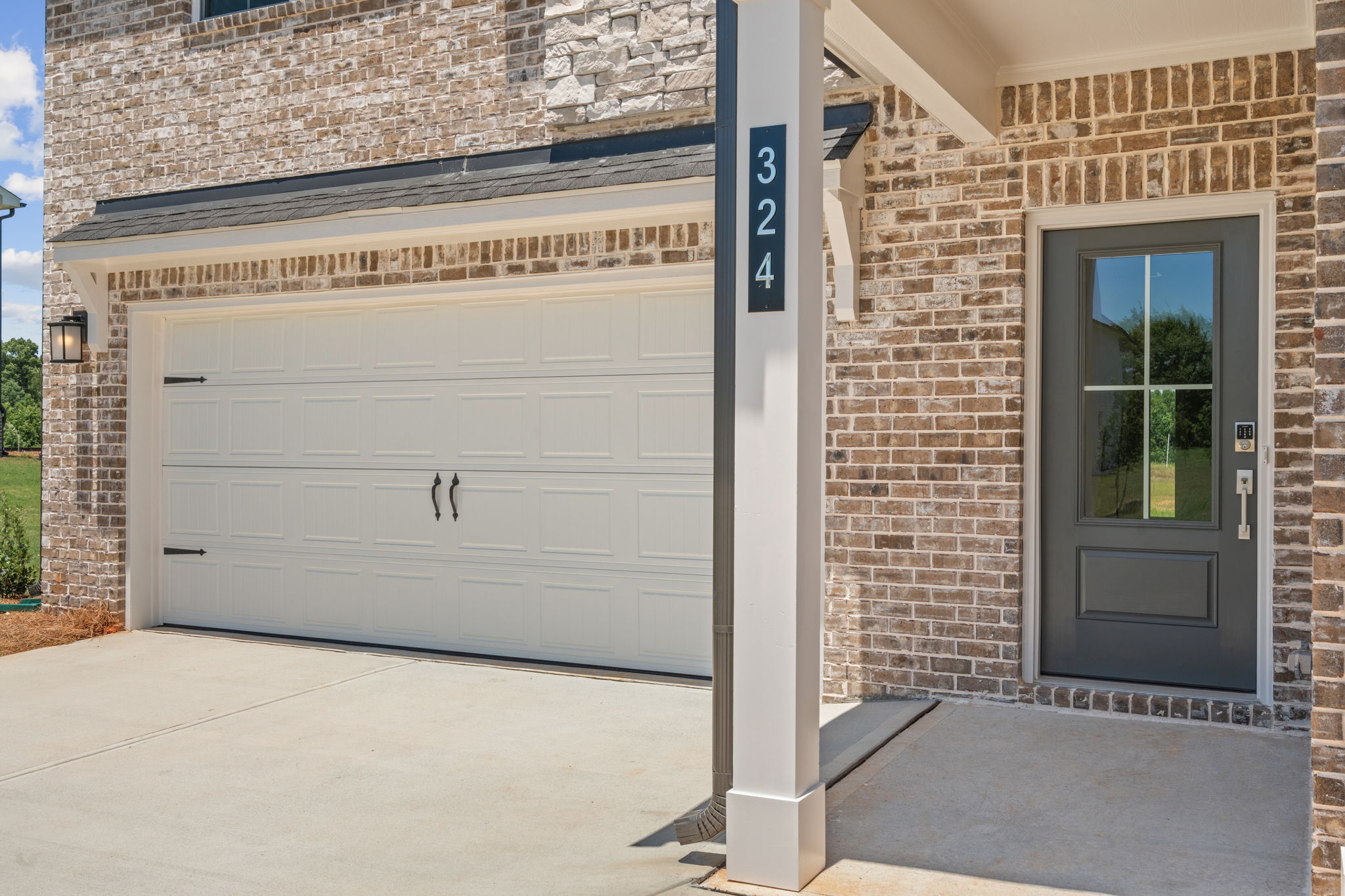 A garage door and a building.