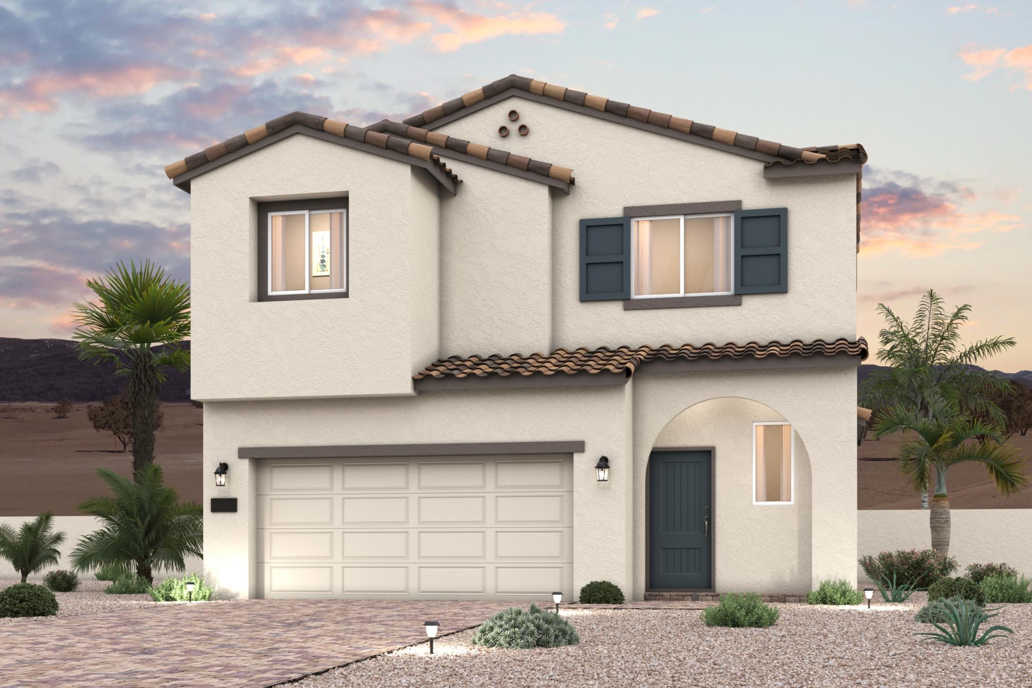A house with a garage and palm trees.