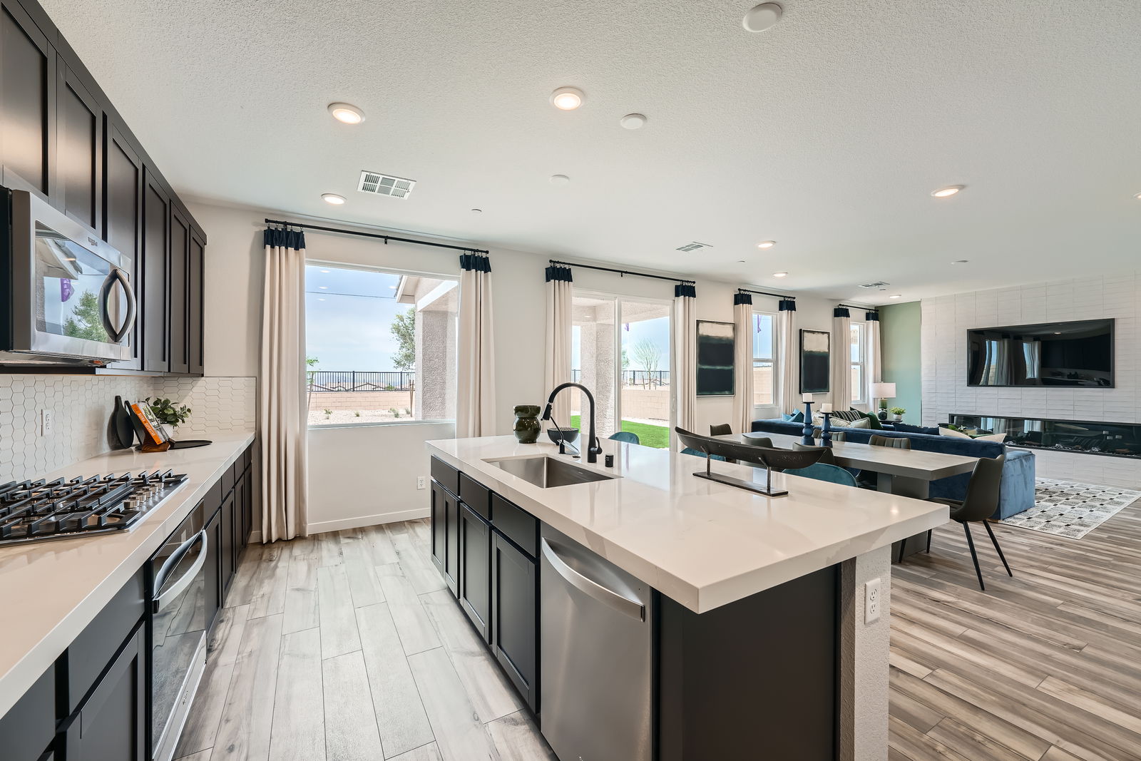 A kitchen with a large island.