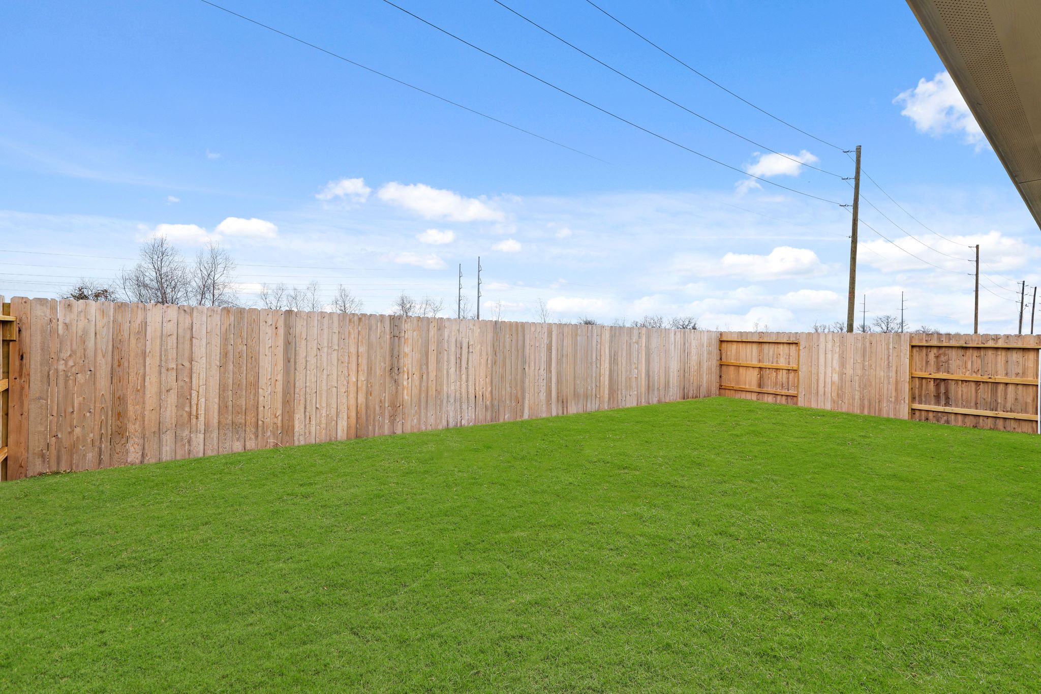 A fenced in yard with a wood fence and power lines.