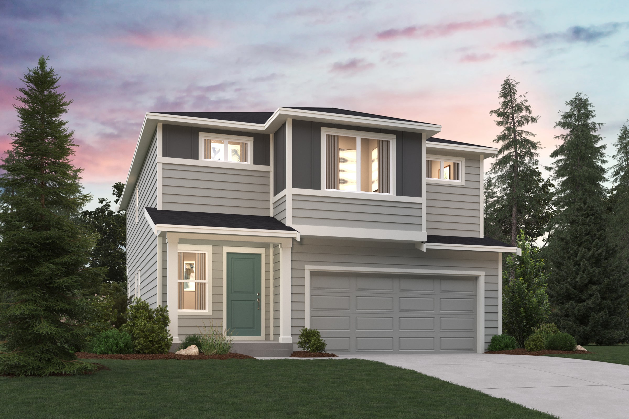 A house with a garage and trees.