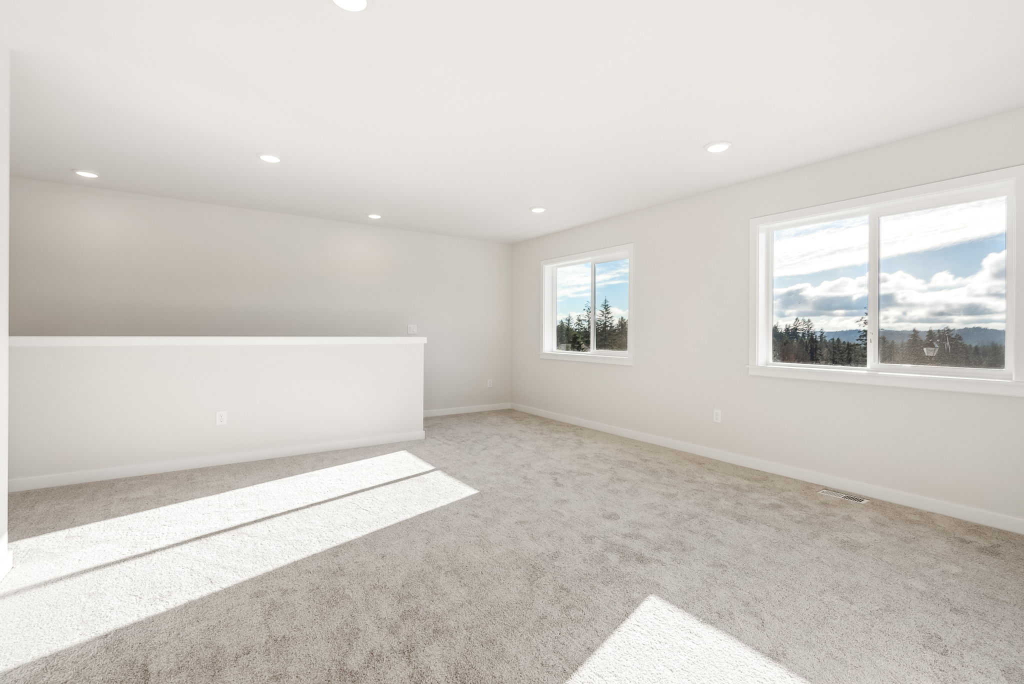 A room with a window and a rug.