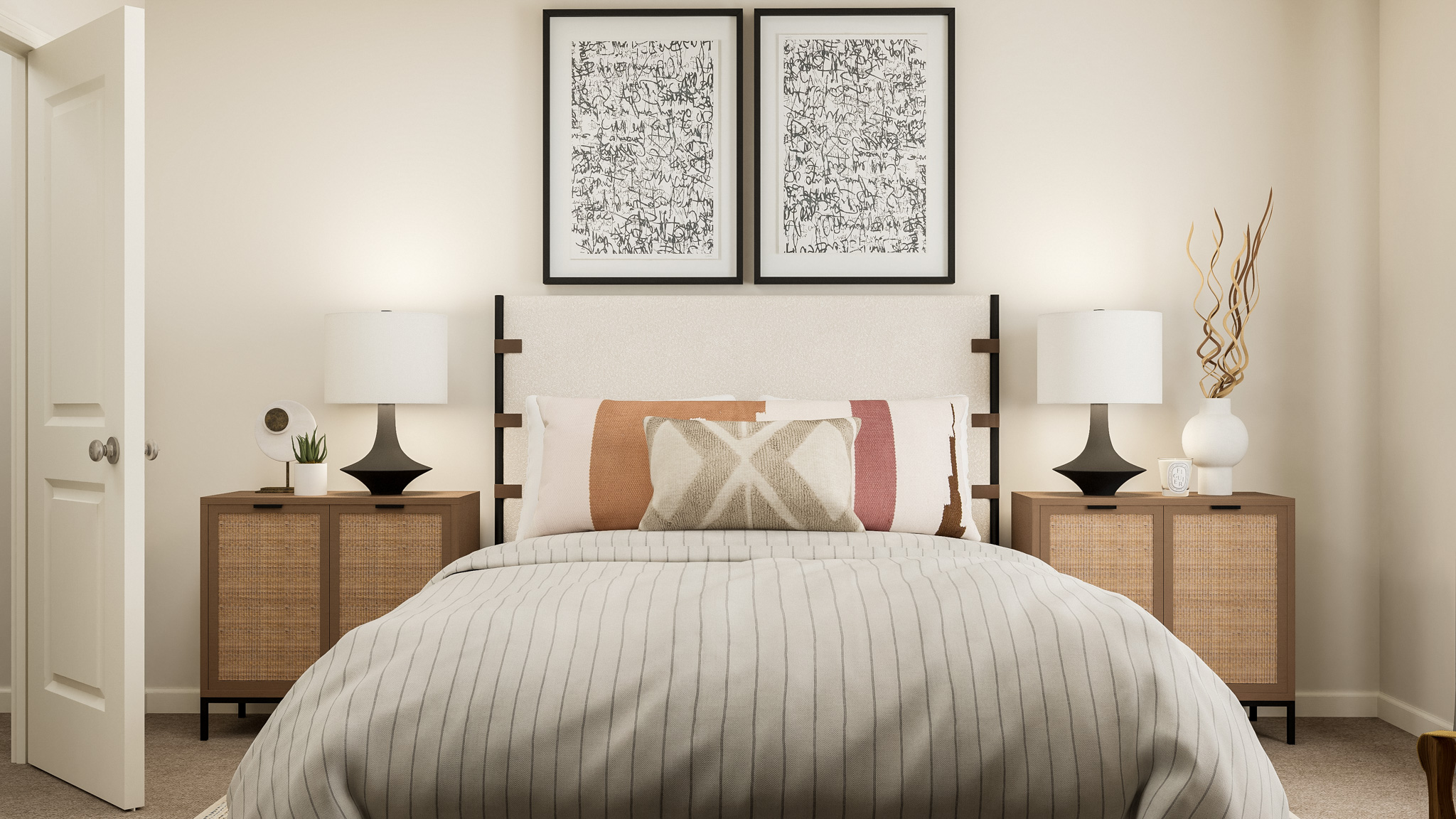 A bed with a white wall.