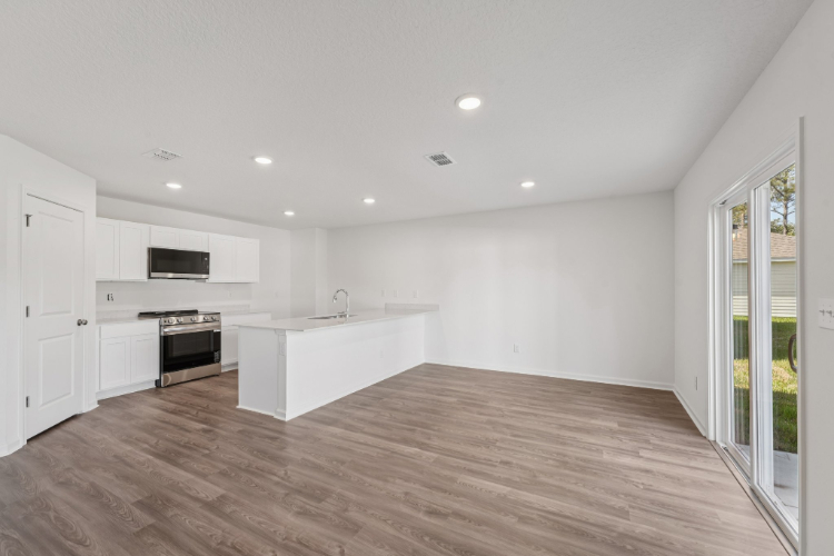 A kitchen with white cabinets.