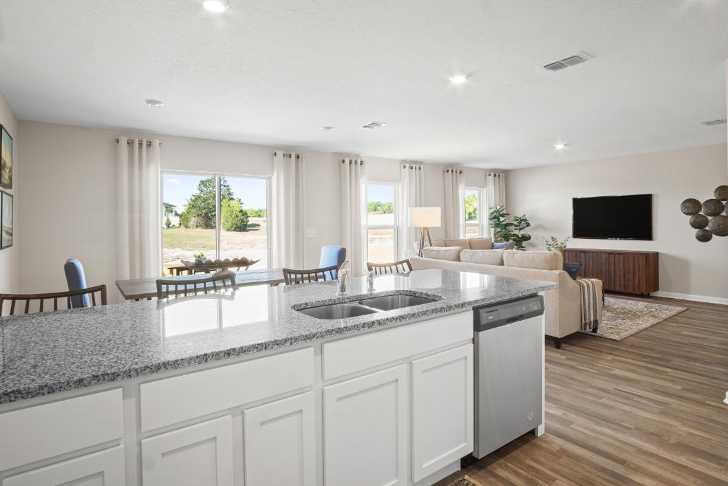 A kitchen with a large island.