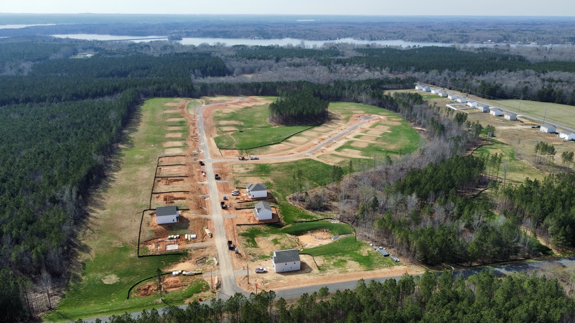 A landscape with trees and buildings.