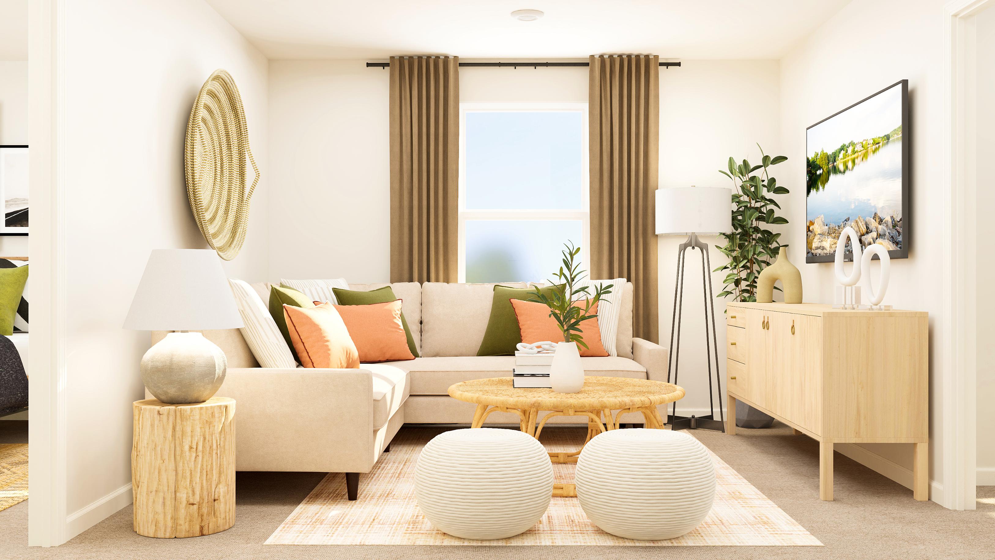 A living room with a couch and a coffee table.